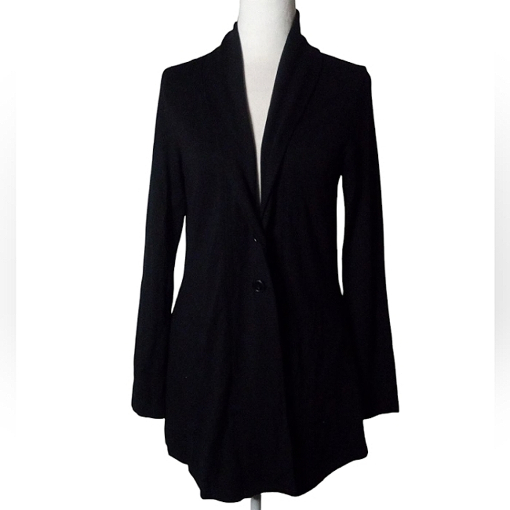 Flax Black Jersey Knit Long Line 2 Button Cardigan Minimalist Lagenlook Small